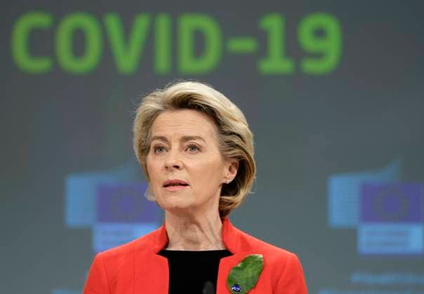 European Commission President Ursula von der Leyen addresses the media about the covid-19 passport at the Berlaymont, the headquarters of the European Commission, on March 17, 2021 in Brussels, Belgium. Today, the European Commission is proposing to create a digital green certificate to facilitate safe and free movement within the EU during the COVID-19 pandemic. The digital green certificate will be proof that a person has been vaccinated against COVID-19, tested negative or recovered from COVID-19. It will be available, free of charge, in digital or paper format. It will include a QR code to ensure the security and authenticity of the certificate.  NicolasxLandemardx xLexPictorium LePictorium_0243222