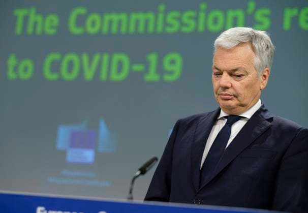 European Commissioner for Justice Didier Reynders speaks to the media about the covid-19 passport at the Berlaymont, the headquarters of the European Commission, on March 17, 2021 in Brussels, Belgium. Today, the European Commission is proposing to create a digital green certificate to facilitate the free and safe movement within the EU during the COVID-19 pandemic. The digital green certificate will be a proof that a person has been vaccinated against COVID-19, has tested negative or has recovered from COVID-19. It will be available, free of charge, in digital or paper format. It will include a QR code to ensure the security and authenticity of the certificate.  NicolasxLandemardx xLexPictorium LePictorium_0243226