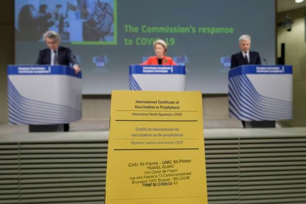 EU Commissioner for Internal Market Thierry Breton (L) the President of the European Commission Ursula von der Leyen (C) and the EU Commissioner for Justice Didier Reynders (R) speak to media about the covid-19 passeport in the Berlaymont, the EU Commission headquarter, on March 17, 2021 in Brussels, Belgium. Today, the European Commission is proposing to create a Digital Green Certificate to facilitate safe free movement inside the EU during the COVID-19 pandemic. The Digital Green Certificate will be a proof that a person has been vaccinated against COVID-19, received a negative test result or recovered from COVID-19. It will be available, free of charge, in digital or paper format. It will include a QR code to ensure security and authent  NicolasxLandemardx xLexPictorium LePictorium_0243229