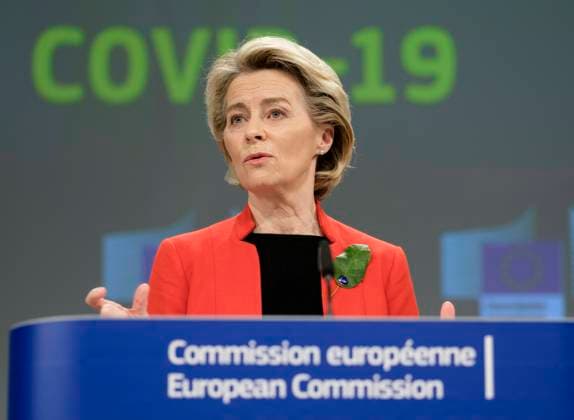 European Commission President Ursula von der Leyen addresses the media about the covid-19 passport at the Berlaymont, the headquarters of the European Commission, on March 17, 2021 in Brussels, Belgium. Today, the European Commission is proposing to create a digital green certificate to facilitate safe and free movement within the EU during the COVID-19 pandemic. The digital green certificate will be proof that a person has been vaccinated against COVID-19, tested negative or recovered from COVID-19. It will be available, free of charge, in digital or paper format. It will include a QR code to ensure the security and authenticity of the certificate.  NicolasxLandemardx xLexPictorium LePictorium_0243234