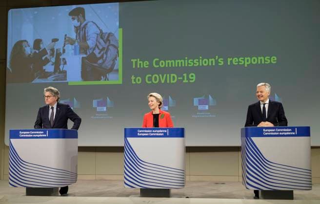 EU Commissioner for Internal Market Thierry Breton (L) the President of the European Commission Ursula von der Leyen (C) and the EU Commissioner for Justice Didier Reynders (R) speak to media about the covid-19 passeport in the Berlaymont, the EU Commission headquarter, on March 17, 2021 in Brussels, Belgium. Today, the European Commission is proposing to create a Digital Green Certificate to facilitate safe free movement inside the EU during the COVID-19 pandemic. The Digital Green Certificate will be a proof that a person has been vaccinated against COVID-19, received a negative test result or recovered from COVID-19. It will be available, free of charge, in digital or paper format. It will include a QR code to ensure security and authent  NicolasxLandemardx xLexPictorium LePictorium_0243221