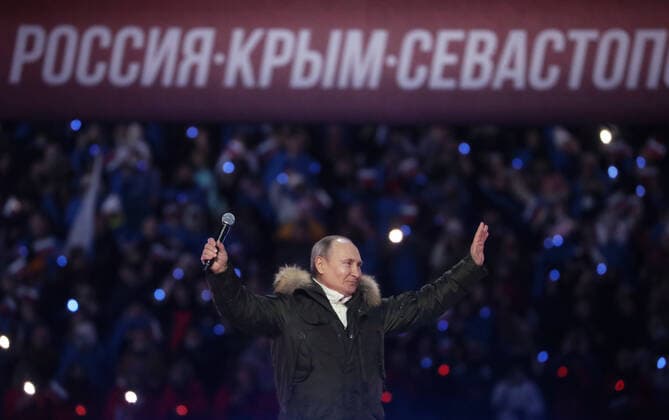 Moskau, Wladimir Putin bei Konzert zum 7. Jahrestag der Krim-Annexion MOSCOW, RUSSIA - MARCH 18, 2021: Russia s President Vladimir Putin at a concert marking the 7th anniversary of the reunification of the Republic of Crimea and the city of Sevastopol with Russia, at Luzhniki Stadium. Stanislav Krasilnikov TASS  TS0F9C93