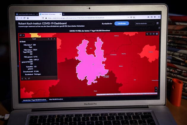Coronavirus in Deutschland - Covid-19-Dashboard des Robert Koch-Institut DEU, Deutschland, Thüringen, Landkreis Greiz 19.03.2021: Die 7-Tage-Inzidenz (Fälle letzte 7 Tage 100.000 EW) beträgt 533,9