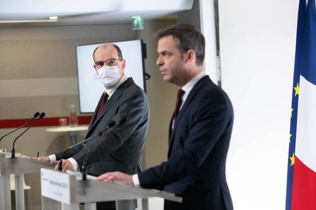 French Prime Minister Jean Castex and French Health and Social Affairs Minister Olivier Veran. French Prime Minister Jean Castex and French Health and Social Affairs Minister Olivier Veran during a press conference on the French government?s current strategy for Covid-19 pandemic. Conference de presse de Jean Castex et Olivier Veran sur la strategie du gouvernement face a la pandemie de covid-19. Paris, FRANCE-18 03 2021 NEWS : Conference de presse du premier ministre et de la ministre de la sante et des affaires sociales sur la strategie du gouvernement face a la pandemie de covid-19 - Paris - 18 03 2021 Pool Panoramic 