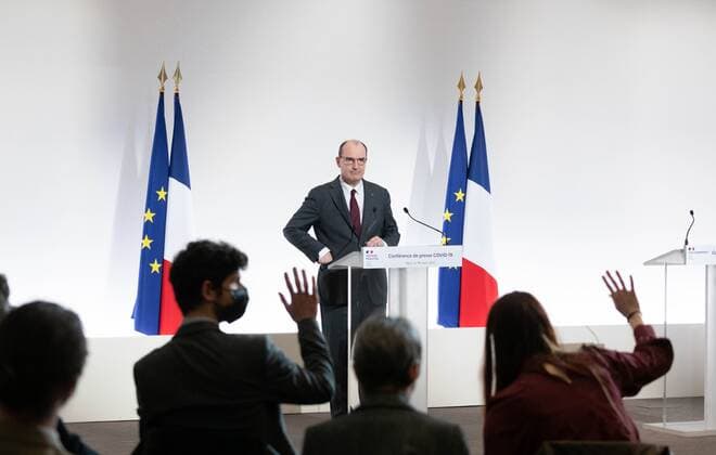 French Prime Minister Jean Castex NEWS : Conference de presse du premier ministre et de la ministre de la sante et des affaires sociales sur la strategie du gouvernement face a la pandemie de covid-19 - Paris - 18 03 2021 Pool Panoramic 