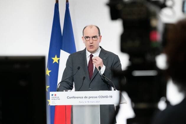 French Prime Minister Jean Castex NEWS : Conference de presse du premier ministre et de la ministre de la sante et des affaires sociales sur la strategie du gouvernement face a la pandemie de covid-19 - Paris - 18 03 2021 Pool Panoramic 