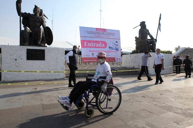 Begins Apply Of Dose Of Sputnik V In Mexico NEZAHUALCOYOTL CITY, MEXICO - MARCH 19: A elderly arrives at vaccine center to receive a pass and be able to access the vaccination module, where health workers apply the Sputnik V vaccine, during the mass vaccination of the national vaccination program for adults over 60 years old against Covid-19 disease, at Nezahualcoyotl Sports Unit located in municipality of Nezahualcoyotl, State of Mexico. On March 19, 2021 in Nezahualcoyotl City, Mexico. Copyright: xAngelxMoralesxRizox EYEPIXGROUP_AM_19032021_5019
