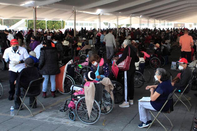 March 19, 2021, Nezahualcoyotl City, State Of Mexico, Mexico: Elderlies wait instead to receive the dose Sputnik V vaccine, during the mass vaccination of the national vaccination program for adults over 60 years old against Covid-19 disease, at Nezahualcoyotl Sports Unit located in municipality of Nezahualcoyotl, State of Mexico. On March 19, 2021 in Nezahualcoyotl City, Mexico. Nezahualcoyotl City Mexico - ZUMAe321 20210319_zia_e321_003 Copyright: xAngelxMoralesxRizox