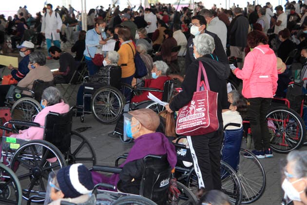 March 19, 2021, Nezahualcoyotl City, State Of Mexico, Mexico: Elderlies wait instead to receive the dose Sputnik V vaccine, during the mass vaccination of the national vaccination program for adults over 60 years old against Covid-19 disease, at Nezahualcoyotl Sports Unit located in municipality of Nezahualcoyotl, State of Mexico. On March 19, 2021 in Nezahualcoyotl City, Mexico. Nezahualcoyotl City Mexico - ZUMAe321 20210319_zia_e321_004 Copyright: xAngelxMoralesxRizox