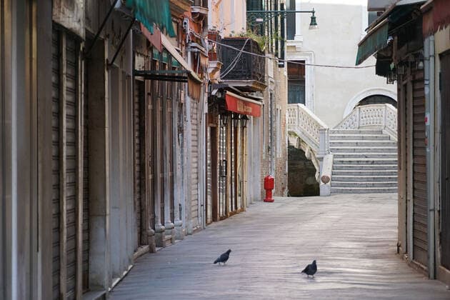 VENICE, LOCKDOWN SECOND SEASON Lockdown second season in Venice, restaurant and shopping street close st. Markus Square. Venezia Italy