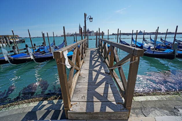 VENICE, LOCKDOWN SECOND SEASON Lockdown second season in Venice, gondola rent service stopped due to covid emergency, in st. Markus pier. Venezia Italy
