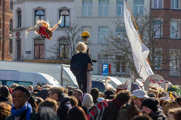 Illustration picture shows the Carnaval Sauvage at the Vossenplein place du jeu de Balle in the Brussels Marollen Marolles neighbourhood, Saturday 20 March 2021.  NICOLASxMAETERLINCK 2675675