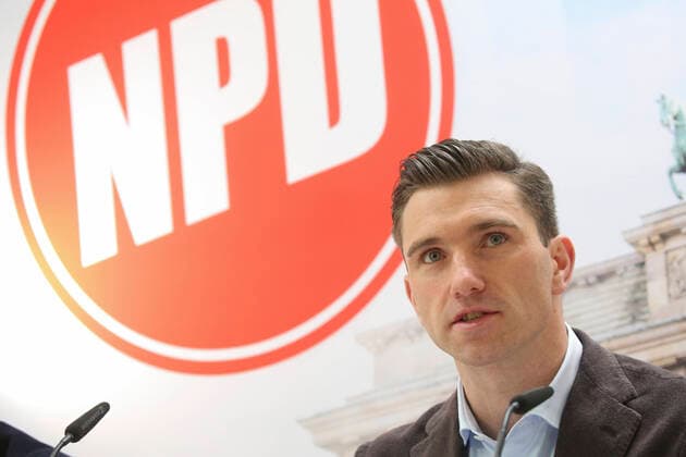 Frank Franz, NPD Parteivorsitzenden, bei der Pressekonferenz zum NPD-Verbotsverfahren und AFD Erststimmen Kampagne in der NPD-Bundesgeschaeftsstelle. Copyright: xEventpressxRekdalx