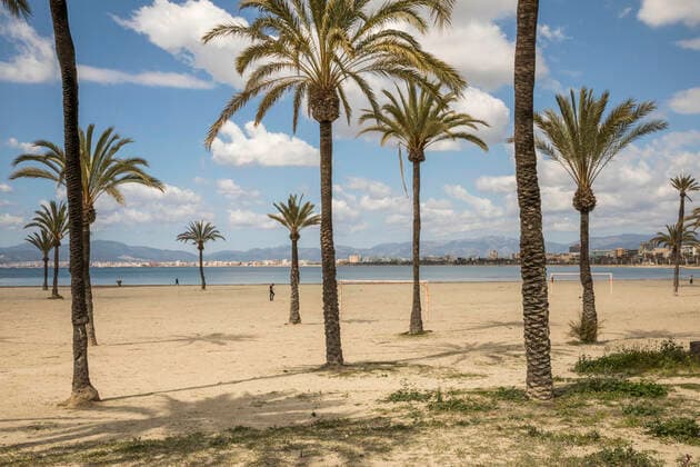 March 21, 2021, S Arenal, Mallorca, Spain: On a cold Sunday on the beach of S Arenal a palm trees, a football goal and people in front of the skyline of Palma de Mallorca and Playa de Palma in Mallorca. S Arenal Spain - ZUMAm210 20210321_ztp_m210_010 Copyright: xJohn-PatrickxMorarescux