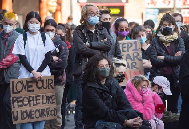 March 21, 2021, Montreal, PQ, Canada: People attend a vigil in Montreal, Sunday, March, 21, 2021, to highlight Asian racism and to remember the victims who were murdered in Atlanta. Montreal Canada  - ZUMAc35_ 20210321_zaf_c35_059 Copyright: xGrahamxHughesx