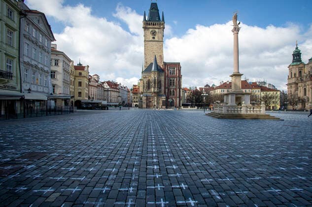 The Million Moments for Democracy civic group honored the memory of those who died with coronavirus by drawing thousands of little crosses at Old Town Square in Prague, Czech Republic, March 22, 2021. The cross should also symbolize the ineffectiveness of the government s COVID combat. (CTKxPhoto KaterinaxSulova) CTKPhotoP202103220321001  suk001