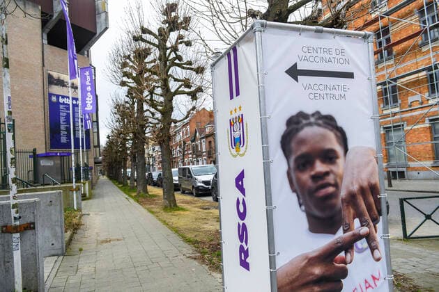 Illustration picture shows the opening of a new vaccination center in Anderlecht, in the Lotto Arena (RSCA stadium), Monday 22 March 2021.  LAURIExDIEFFEMBACQ 2677102