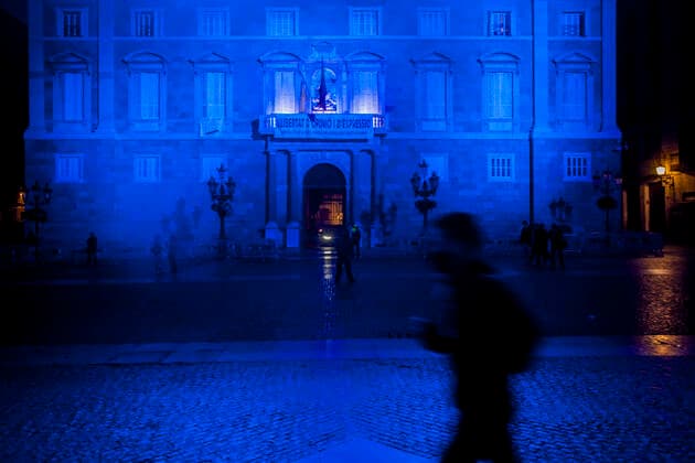 March 22, 2021, Barcelona, Spain: Catalonia s regional government facade in Barcelona is illuminated with blue light on the occasion of the International Water Day. Barcelona Spain - ZUMAb137 20210322_zap_b137_004 Copyright: xJordixBoixareux