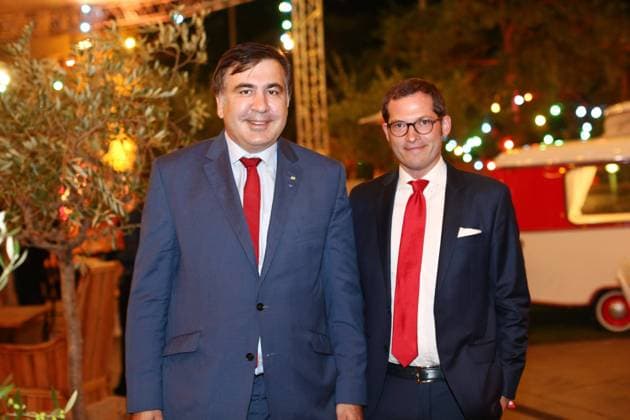 Micheil Saakaschwili mit Julian Reichelt Bild 100 beim Empfang am Axel Springer Haus in Berlin *** Mikheil Saakashvili with Julian Reichelt Bild 100 at the reception at Axel Springer Haus in Berlin Copyright: xEventpressx