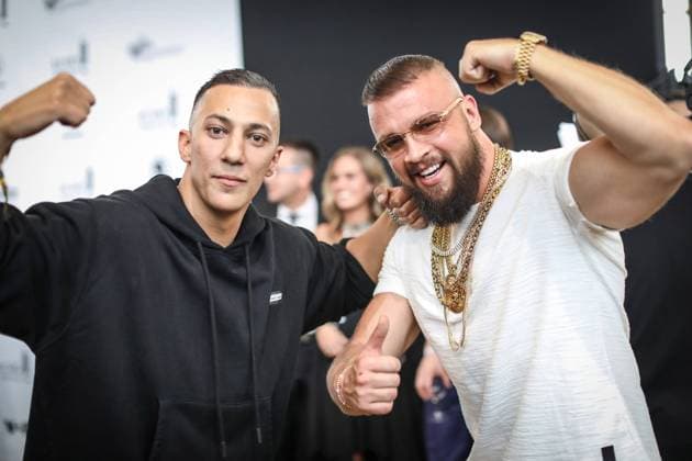 Rapper Kollegah und Farid Bang auf dem Roten Teppich bei der Verleihung des ECHO 2018 in Berlin. Copyright: xEventpressxFuhrx