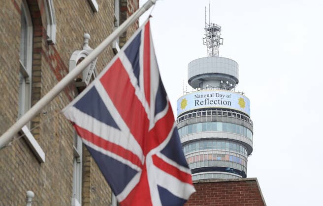 The BT Tower with a National Day of Reflection message on it. Today marks the first anniversary of the start of UK lockdown restrictions because of the COVID-19 Coronavirus pandemic. A national minute s silence at 12.00pm marks the moment of reflection. London is pictured today (March 23, 2021), on the anniversary of the first Coronavirus lockdown. 