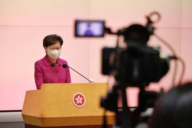 (210323) -- HONG KONG, March 23, 2021 -- Chief Executive of the Hong Kong Special Administrative Region (HKSAR) Carrie Lam attends a press conference in Hong Kong, south China, March 23, 2021. Lam said on Tuesday that the HKSAR government will introduce a bill on improving the electoral system of the HKSAR to the Legislative Council (LegCo) as soon as possible. TO GO WITH HKSAR gov t to introduce bill on improving electoral system to LegCo soon ) CHINA-HONG KONG-CARRIE LAM-PRESS CONFERENCE-ELECTORAL SYSTEM (CN) LuixSiuxWai 