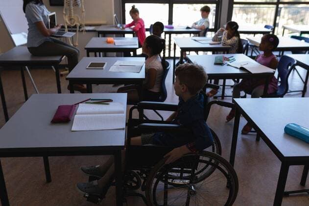 Disable schoolboy with classmates studying and sitting at desk in classroom Side view of disable schoolboy with classmates studying and sitting at desk in classroom of elementary school, model released, , property released, capetown, 28.01.2019, 1228058.jpg, school, classroom, desk, bench, casual clothing, school kid, schoolboy, schoolgirl, student, schoolteacher, schoolmaster, notebook, pencil, digital tablet, laptop, wireless technology, skeleton, skeletal, human, body, bone, biology, science, siting, holding, teaching, explaining, assisting, guidance, wheelchair, disabled, handicapped, physical impairment, childhood, innocence, development, education, academic, information, knowledge, lifestyle, elementary, intelligent, intelligence, wi