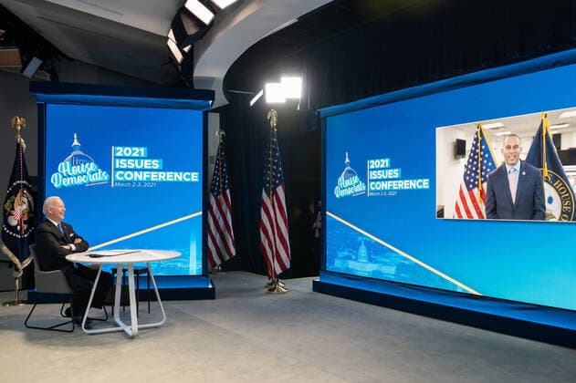 March 3, 2021 - Washington, D.C., USA - President Joe Biden listens as Chairman Hakeem Jeffries, D-N.Y., delivers remarks during the virtual House Democratic Caucus Issues Conference Wednesday, March 3, 2021, in the South Court Auditorium in the Eisenhower Executive Office Building at the . Washington USA - ZUMAz03_ 20210303_sha_z03_273 Copyright: xWhitexHousex