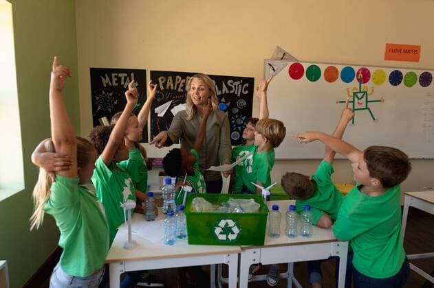 IMAGO Creative: Klimawandel - Umwelterziehung Female school teacher with a group of schoolchildren wearing green t shirts with a white recycling l Front view of a Caucasian female school teacher with long blonde hair and a diverse group of schoolchildren wearing green t shirts with a white recycling logo on them standing around a recycling box, miniature wind turbines and recyclable materials on a table during a lesson in an elementary school classroom, the children raising their hands to answer a question and the teacher pointing, model released, , property released, Cape Town, South Africa, 01.12.2019, 1303839.jpg, people,people,real people,class,classmates,school,elementary school,primary school,classroom,education,lesson,student,pupil,childhood,learn,learning,together,interacting,