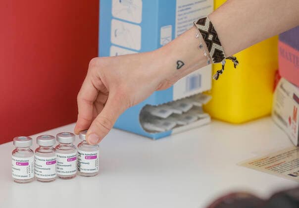 Three vials of AstraZeneca s vaccine, at the Hospital la Fe, in Valencia, Valencian Community (Spain), on 24 March 2021. Vaccination against covid-19 with AstraZeneca vials resumes today in the three field hospitals of the Valencian Community and it is expected that this week the first doses will be administered with these injections to about 90,000 teachers and other essential professional groups, as confirmed by sources of the Ministry of Health. 24 MARCH 2021;ASTRAZENECA;VALENCIA;VALENCIAN COMMUNITY;VACCINE Rober Solsona LagenciaEP 03 24 2021 VALENCIA, VALENCIAN COMMUNITY VALENCIA, VALENCIAN COMMUNITY Spain Copyright: xRoberxSolsonax 3619048