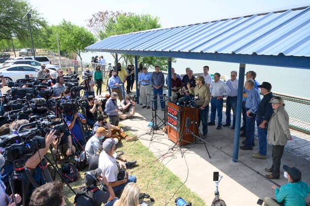 March 26, 2021, Granejo, Texas, USA: Sen. TED CRUZ R-Texas, speaks after a delegation of eighteen U.S. Senators tour the Rio Grande River south of Mission in four Texas Dept. of Public Safety gunboats at the end of a whirlwind tour of south Texas. The senators saw an overcrowded migrant processing center in Donna and a corpse floating in the river north of Anzalduas Park. Granejo USA - ZUMAd150 20210326_znp_d150_048 Copyright: xBobxDaemmrichx