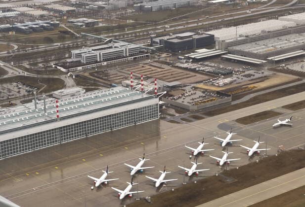 Parked Lufthansa aeroplanes at Munich Airport in Munich, Germany on March 27, 2021.