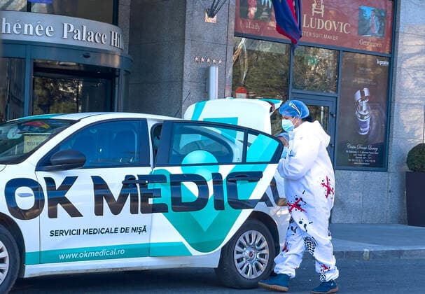 Corona virus medical team in the Athenee Palace Hilton - Bukarest near the old town with restaurants and bars with tourists and local people in Bucharest, Romania on March 27, 2021.