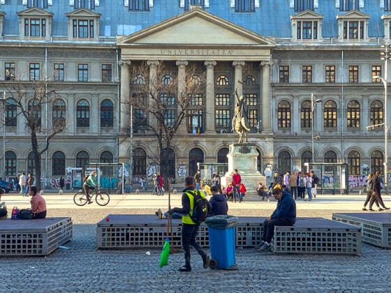 University near the Old town with restaurants and bars with tourists and local people in Bucharest, Romania on March 27, 2021.