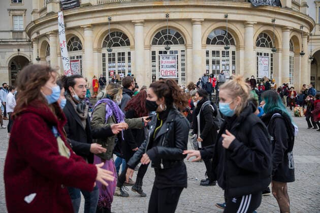People dance in a gathering in front of the Opera in Rennes, western France. March 27, 2021  Copyright: xJeremiasxGonzalezx