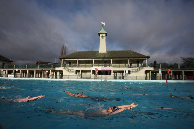Swimmers enjoying the first dip in the Peterborough Lido for over a year, as it has been unable to open since the first lockdown in March 2020. Peterborough Lido was first opened in 1936 and still retains the art deco look to this day. Today lockdown restrictions are starting to ease and outdoor sports like swimming and tennis, with people also being allowed to take part in organised outdoor sports, and outdoor gatherings of up to six people or a larger group from up to two households will be permissible. 