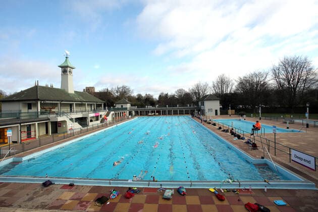 Swimmers enjoying the first dip in the Peterborough Lido for over a year, as it has been unable to open since the first lockdown in March 2020. Peterborough Lido was first opened in 1936 and still retains the art deco look to this day. Today lockdown restrictions are starting to ease and outdoor sports like swimming and tennis, with people also being allowed to take part in organised outdoor sports, and outdoor gatherings of up to six people or a larger group from up to two households will be permissible. 