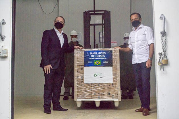 Delivery of CORONAVAC Vaccine to Brazilian ministry of health. March 29, 2021, Sao Paulo, Brazil: The Governor of Sao Paulo, Joao Doria participates in a ceremony for the delivery of over 5 million doses of the Butantan Institute vaccine against the coronavirus for the use in Brazil. It is the largest single-day shipment made available in March. This month alone, 19.3 million doses have so far been delivered. With the new shipment, the total number of immunizations offered by Sao Paulo to the PNI (National Immunization Program) reaches 32.8 million doses since the start of deliveries on January 17th  Copyright: xLecoxVianax