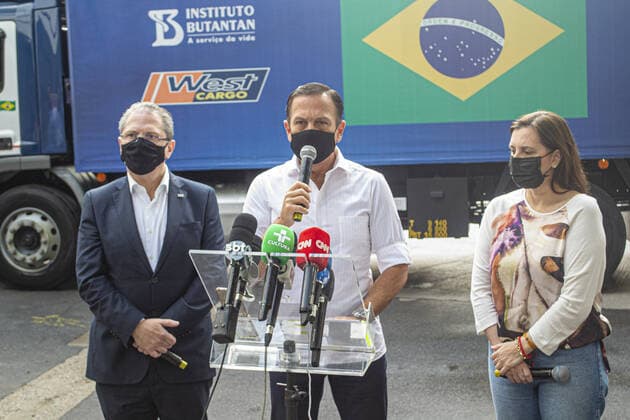 Delivery of CORONAVAC Vaccine to Brazilian ministry of health. March 29, 2021, Sao Paulo, Brazil: The Governor of Sao Paulo, Joao Doria participates in a ceremony for the delivery of over 5 million doses of the Butantan Institute vaccine against the coronavirus for the use in Brazil. It is the largest single-day shipment made available in March. This month alone, 19.3 million doses have so far been delivered. With the new shipment, the total number of immunizations offered by Sao Paulo to the PNI (National Immunization Program) reaches 32.8 million doses since the start of deliveries on January 17th  Copyright: xLecoxVianax