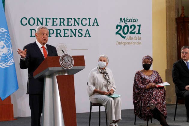 Generation Equality Forum in Mexico City MEXICO CITY, MEXICO, MARCH 29: Mexico™s President Andres Manuel Lopez Obrador speaks next to Phumzile Mlambo-Ngcuka, Executive Director of UN Women and Olga Sanchez Cordero, Mexico s Secretary of the Interior, during a press conference as part of the inauguration of the Equality Generation Forum at National Palaceon March 29, 2021 in Mexico City, Mexico. Copyright: xLuisxBarronx EYEPIXGROUP_LB_29032021_5586