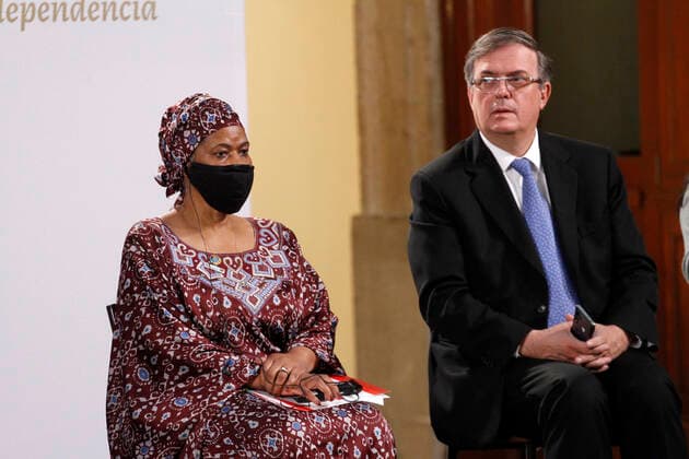 Generation Equality Forum in Mexico City MEXICO CITY, MEXICO, MARCH 29: Phumzile Mlambo-Ngcuka, Executive Director of UN Women and Mexico™s Foreign Affairs Minister, Marcelo Ebrard during a press conference as part of the inauguration of the Equality Generation Forum at National Palaceon March 29, 2021 in Mexico City, Mexico Copyright: xLuisxBarronx EYEPIXGROUP_LB_29032021_5570