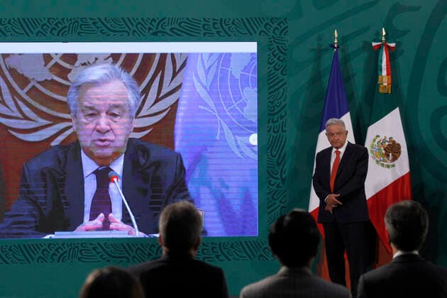 Generation Equality Forum in Mexico City MEXICO CITY, MEXICO, MARCH 29: Mexico™s President Andres Manuel Lopez Obrador listens to UN Secretary General Antonio Guterres during a virtual meeting as part of the inauguration of the Equality Generation Forum at National Palace on March 29, 2021 in Mexico City, Mexico Copyright: xLuisxBarronx EYEPIXGROUP_LB_29032021_5573