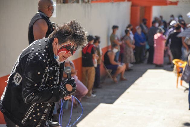 March 30, 2021, Tuzamapan, Veracruz, Mo xico: The musical group Los super Caracoles plays their songs while older adults wait in line to be vaccinated against Covid-19. Some older adults joined the dance and celebration to receive the vaccine Tuzamapan MÃ xico - ZUMAqp1_ 20210330_zip_qp1_008 Copyright: xHectorxAdolfoxQuintanarxPerezx