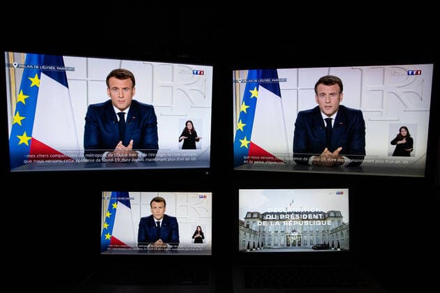 Paris, France, March 31, 2021 - Illustration of the televised address of French President Emmanuel Macron on the health situation.  Copyright: xAlexisxSciardx