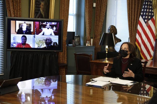 U.S. Vice President Kamala Harris holds a roundtable discussion with faith leaders on their efforts to encourage communities to take the COVID-19 vaccine at the White House on Wednesday, March 31, 2021 in Washington, DC.  WASP2021033109 YurixGripas