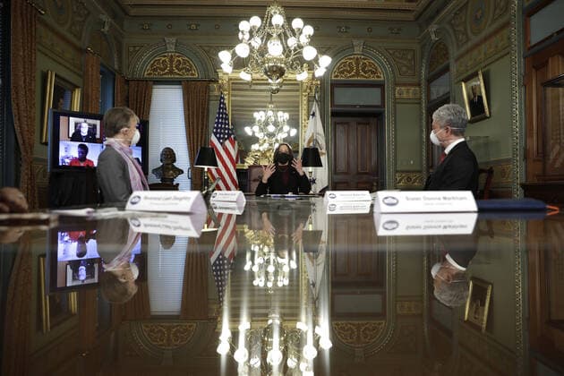 U.S. Vice President Kamala Harris holds a roundtable discussion with faith leaders on their efforts to encourage communities to take the COVID-19 vaccine at the White House on Wednesday, March 31, 2021 in Washington, DC.  WASP20210331011 YurixGripas