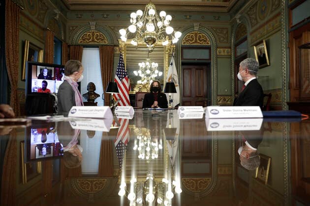 March 31, 2021, Washington, District of Columbia, USA: United States Vice President Kamala Harris holds a roundtable discussion with faith leaders on their efforts to encourage communities to take the COVID-19 vaccine at the White House on March 31, 2021 in Washington, DC. At left is Bishop Marian Budde, Episcopal Church and at right is Reverend Walter Kim, National Association of Evangelicals Washington USA - ZUMAs152 20210331_zaa_s152_024 Copyright: xYurixGripasx-xPoolxViaxCnpx