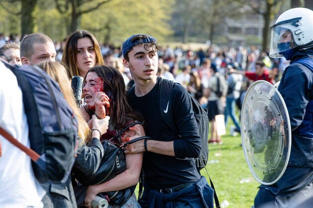 April 1, 2021, Brussels, Belgium: Protest against sanitary measures and wild party called La Boum in Brussels, social distancing was rarely respected and the wearing of masks also, a lot of tension and violence between police and demonstrators. Brussels Belgium - ZUMAb331 20210401_zaf_b331_016 Copyright: xArnaudxBrianx