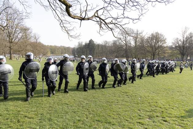 April 1, 2021, Brussels, Belgium: Protest against sanitary measures and wild party called La Boum in Brussels, social distancing was rarely respected and the wearing of masks also, a lot of tension and violence between police and demonstrators. Brussels Belgium - ZUMAb331 20210401_zaf_b331_017 Copyright: xArnaudxBrianx