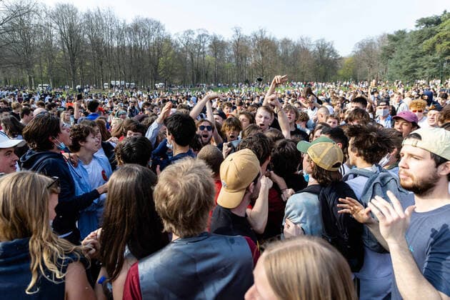 April 1, 2021, Brussels, Belgium: Protest against sanitary measures and wild party called La Boum in Brussels, social distancing was rarely respected and the wearing of masks also, a lot of tension and violence between police and demonstrators. Brussels Belgium - ZUMAb331 20210401_zaf_b331_007 Copyright: xArnaudxBrianx